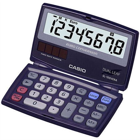 Calculadora de bolso Casio SL-100VERA com visor LCD extragrande de 8 dígitos, função conversor de euro e cor azul-escura.