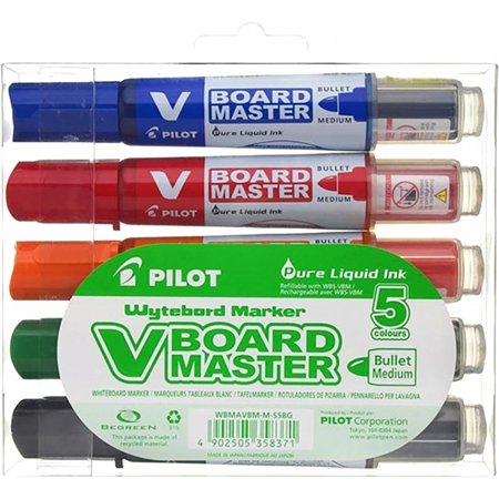 Marcadores para quadro branco Pilot V-Board Master Begreen, pacote com 5 unidades - Ponta redonda de 6 mm - Espessura da linha d