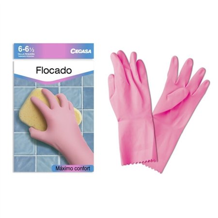 Luvas de látex Cegasa tamanho P 6-6 1/2 - Flocadas - Uso geral, doméstico, limpeza - Rosa