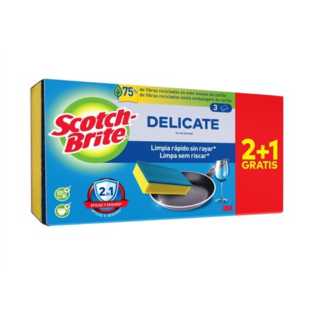 Conjunto de 3 esponjas de limpeza Scotch-Brite Delicate para cozinha - Compre 2 e leve 1 grátis - Não risca - Amarela