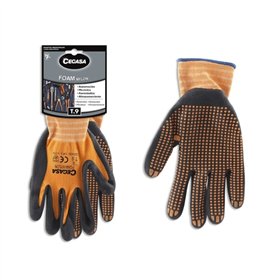 Luvas de trabalho Cegasa tamanho 9 - Fabricadas em nylon com revestimento de espuma e pontos de nitrilo na palma - Preto/Laranja