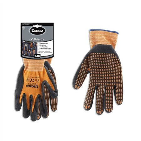 Luvas de trabalho Cegasa tamanho 10 - Fabricadas em nylon com revestimento de espuma e pontos de nitrilo na palma - Preto/Laranj
