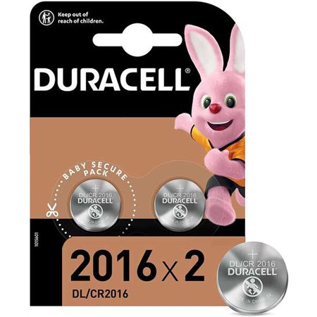 Pacote com 2 pilhas tipo botão de lítio Duracell DL2016 3V - Tecnologia Baby Secure