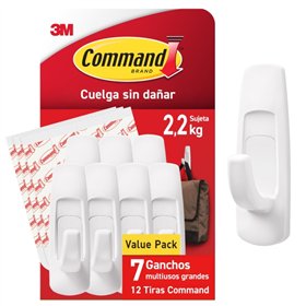 Conjunto Command com 7 ganchos grandes e 12 fitas adesivas - Suporta até 2,2 kg - Branco