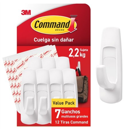 Conjunto Command com 7 ganchos grandes e 12 fitas adesivas - Suporta até 2,2 kg - Branco