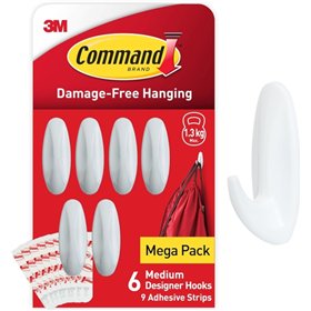 Conjunto de 6 ganchos Command de tamanho médio com 9 fitas adesivas - Suporta até 1,3 kg - Branco