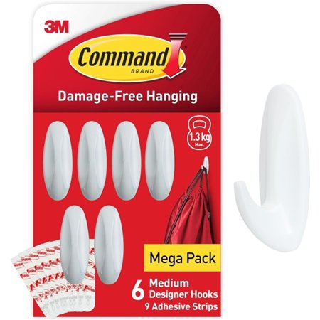 Conjunto de 6 ganchos Command de tamanho médio com 9 fitas adesivas - Suporta até 1,3 kg - Branco