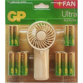 Pacote GP Ultra com 12 pilhas alcalinas AAA + 12 pilhas AA + ventilador de mão grátis