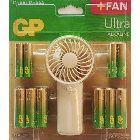 Pacote GP Ultra com 12 pilhas alcalinas AAA + 12 pilhas AA + ventilador de mão grátis