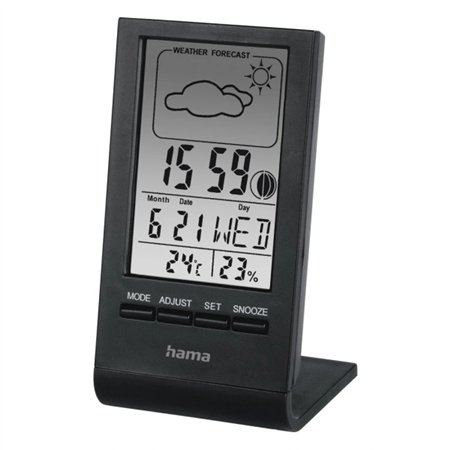 Medidor de temperatura e umidade Hama para ambientes internos - Visor digital - Relógio - Previsão do tempo - Indicador de fase 