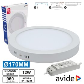 Painel Leds Redondo Superfície 12W 170Mm 6400K 960Lm Avide