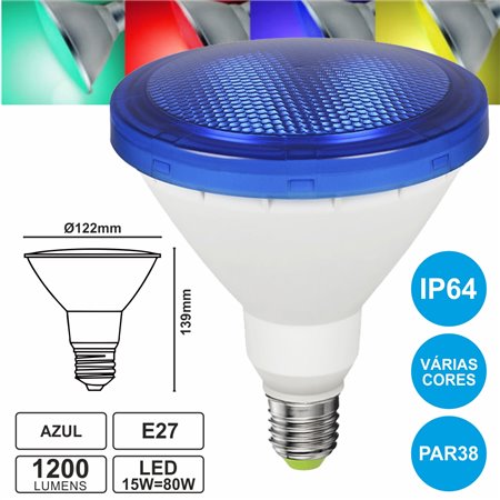 Lâmpada E27 15W80W 230V Led Par38 Azul Ip64 1200Lm