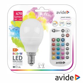 Lâmpada E14 Dimável 4.9W Led Miniglobo Rgbw Ir 470Lm Avide