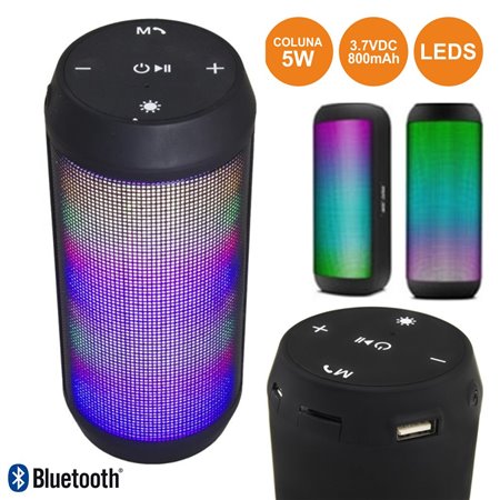 Coluna Bluetooth Portátil 5W Usb/Sd/Fm/Aux/Bat Leds