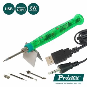 FERRO DE SOLDAR 8W C/ LIGAÇÃO USB 5V E ACESSÓRIOS PROSKIT