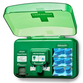Dispensador de cuidados para feridas Cederroth - Inclui diferentes tamanhos de curativos azuis, lenços umedecidos e curativo aut
