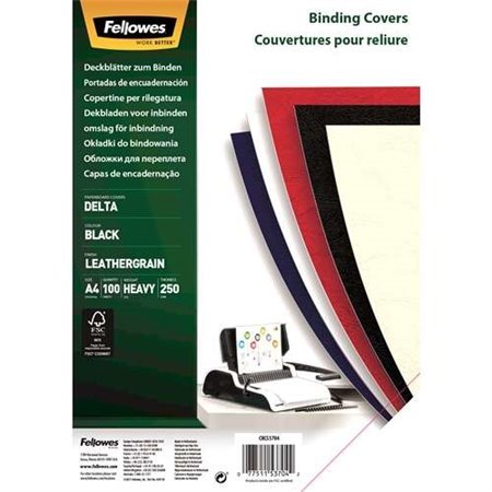 Fellowes Pacote de 100 Capas de Cartão de Imitação de Couro Delta Couro A4 - 250 gr - Cor Preto