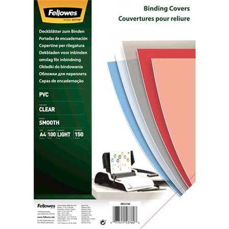 Pacote Fellowes de 100 capas de encadernação em PVC A4 - 150 mícrons - muito resistente - transparente