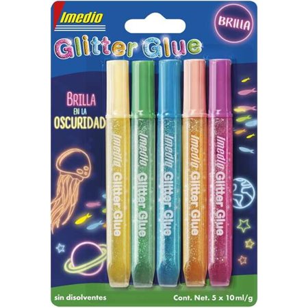 Imedio Glitter Glue "Glow in the Dark" Pacote de 5 Tubos de Cola Glitter 10ml - Glow in the Dark - Para Diferentes Materiais - T