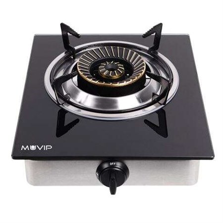 Fogão a gás Muvip 1 queimador de aço inoxidável - Vidro temperado - Ignição piezoelétrica - Queimador removível de ferro fundido