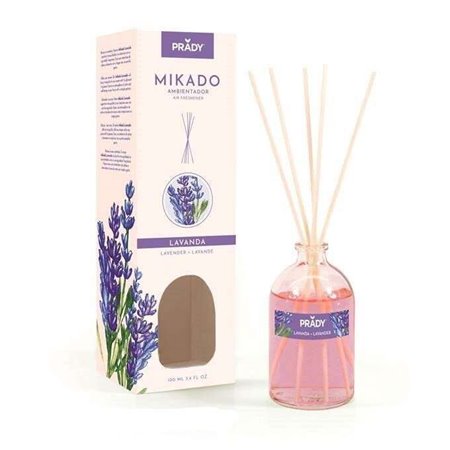 Ambientador Prady Lavender Mikado - Frasco de vidro de 100ml e varinhas difusoras