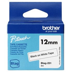 Fita Brother Btag-231 12mm - Texto preto em fundo branco - Medidas 12mm x 4 metros - Adequada para PTN10, PTN20, PTN25BT