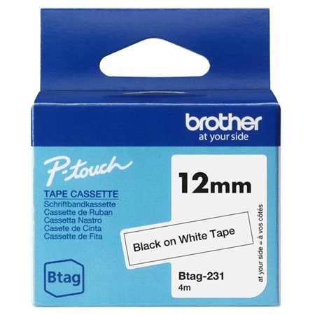 Fita Brother Btag-231 12mm - Texto preto em fundo branco - Medidas 12mm x 4 metros - Adequada para PTN10, PTN20, PTN25BT