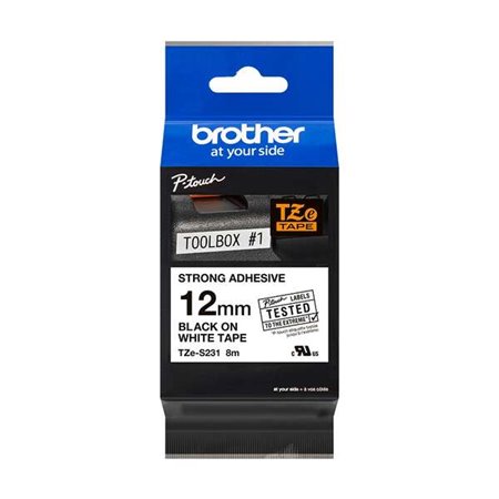Etiquetas laminadas superadesiva original Brother TZeS231 - Texto preto em fundo branco - Largura 12 mm x 8 metros