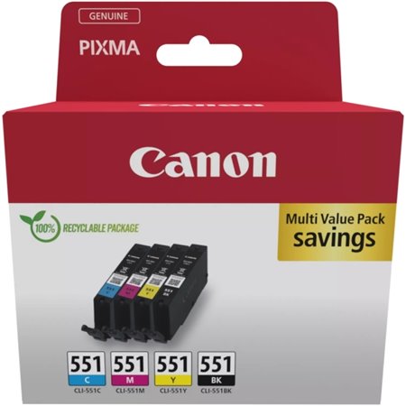 Canon CLI551 Multipack de 4 Tinteiros originais preto, ciano, magenta e amarelo - 6509B015