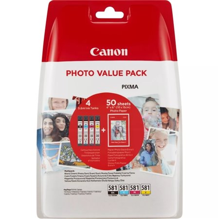 Canon CLI581 Pack de 4 Tinteiros originais - 50 folhas de papel fotográfico - 2106C005/2106C006