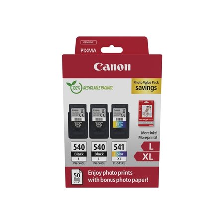 Canon PG540L Preto + CL541XL Colorido Pack de 3 Tinteiros Originais + 50 Folhas de Papel Fotográfico - 5224B015