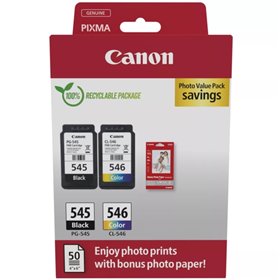 Pacote de Tinteiro original Canon PG545 preto + CL546 colorido + 50 folhas de papel fotográfico - 8287B008/8287B006/8287B005