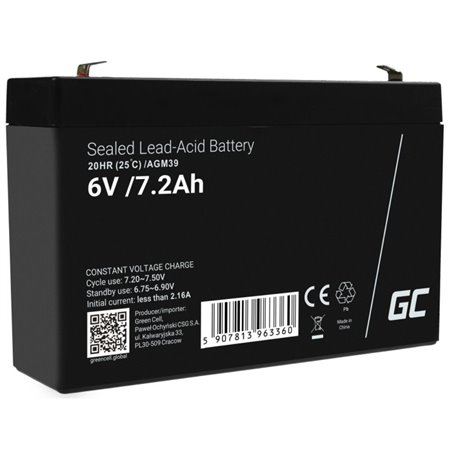 Bateria Chumbo Gel AGM 6V 7.2A GREEN CELL