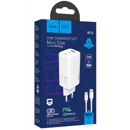 Carregador Tipo GaN 1* USB-A e 2* USB-C, de 65W Hoco N16 - Branco