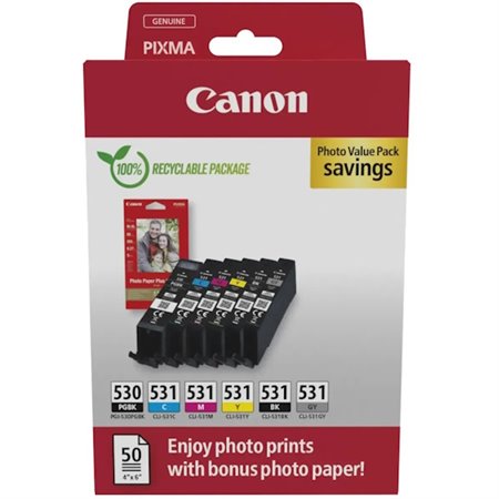 Canon PGI530/CLI531 Pack de 6 Tinteiros Originais + 50 Folhas de Papel Fotografico 10x15cm 6117C004