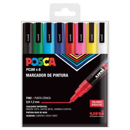 Conjunto de 8 Marcadores de Tinta Posca PC3M - Ponta Cônica de 0,9 a 1,3 mm - Tinta à Base de Água - Resistente à Luz - Não Perm
