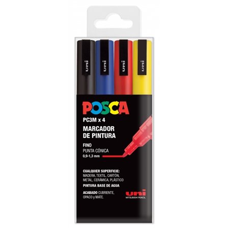 Conjunto de 4 Marcadores de Tinta Posca PC3M - Ponta Cônica de 0,9 a 1,3 mm - Tinta à Base de Água - Resistente à Luz - Não Perm
