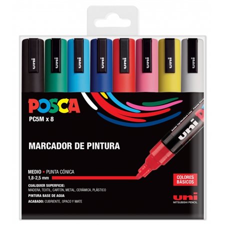 Conjunto de 8 Marcadores de Tinta Posca PC-5M/8C - Ponta de Poliéster de 1,8 a 2,5 mm - Tinta à Base de Água - Resistente à Luz 