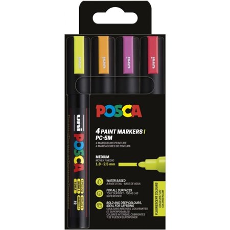 Conjunto de 4 Marcadores de Tinta Posca PC-5M - Ponta de 1,8 a 2,5 mm - Tinta à base de água - Não permanente - Resistente à luz