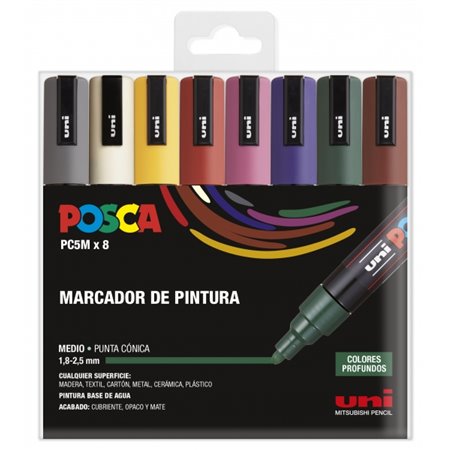 Conjunto de 8 Marcadores de Tinta Posca PC-5M - Ponta de 1,8 a 2,5 mm - Tinta à base de água - Resistente à luz - Não permanente
