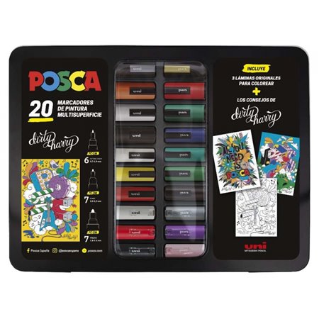 Estojo metálico Posca com 20 marcadores de tinta - Cores e espessuras de traço sortidas - Ponta de poliéster - Tinta pigmentada 