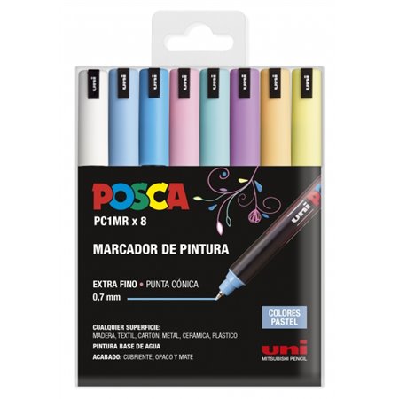 Conjunto de 8 Marcadores de Tinta Posca PC1MR - Ponta de Fibra Roller de 0,7 mm - Tinta Pigmentada à Base de Água - Resistente à