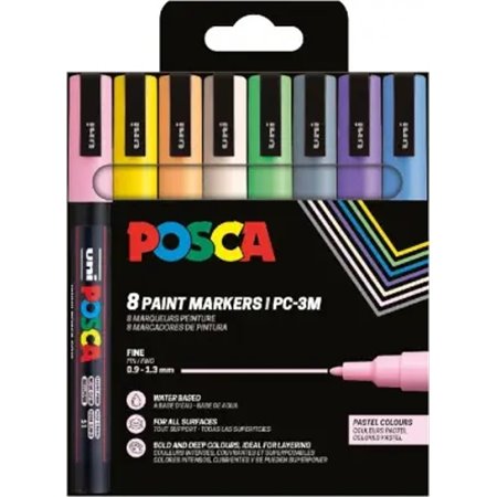 Conjunto de 8 Marcadores de Tinta Posca PC3M - Ponta Cônica de 0,9 a 1,3 mm - Tinta à Base de Água - Resistente à Luz - Ideal pa