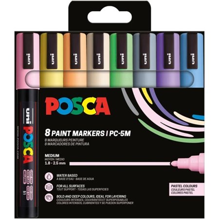 Conjunto de 8 Marcadores de Tinta Posca PC-5M/8C - Ponta de 1,8 a 2,5 mm - Tinta à base de água - Resistente à luz - Não permane