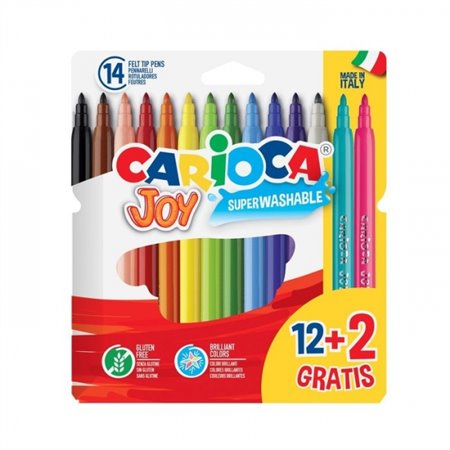 Conjunto de 12+2 Marcadores Super Laváveis Carioca Joy - Ponta Bloqueada de 2,8 mm - Tampa Ventilada - Cores Sortidas