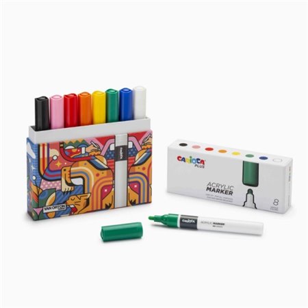 Conjunto de 8 Marcadores Acrílicos Carioca Plus em Caixa Rígida - Ponta de 2mm - Tinta Acrílica Super Pigmentada - Cores Sortida