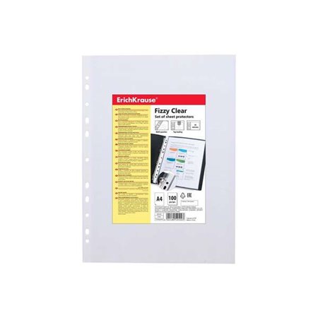 Pacote com 100 capas plásticas transparentes Erichkrause Fizzy Clear, tamanho A4, com 30 micras de espessura, 11 furos, acabamen