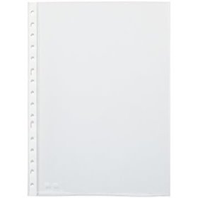 Pacote com 100 capas transparentes A4 com múltiplos furos, 90 mícrons, acabamento cristalino e reforço branco.