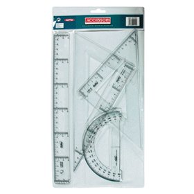 Conjunto de 4 réguas Safta - Régua de 30 cm - Esquadro de 25 cm - Triângulo de 25 cm - Transferidor - Borda chanfrada - Transpar