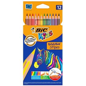Caixa com 12 lápis de cor sortidos Bic Kids Evolution Stripes - Feitos de resina - Ponta ultrarresistente - Mina pigmentada de 3